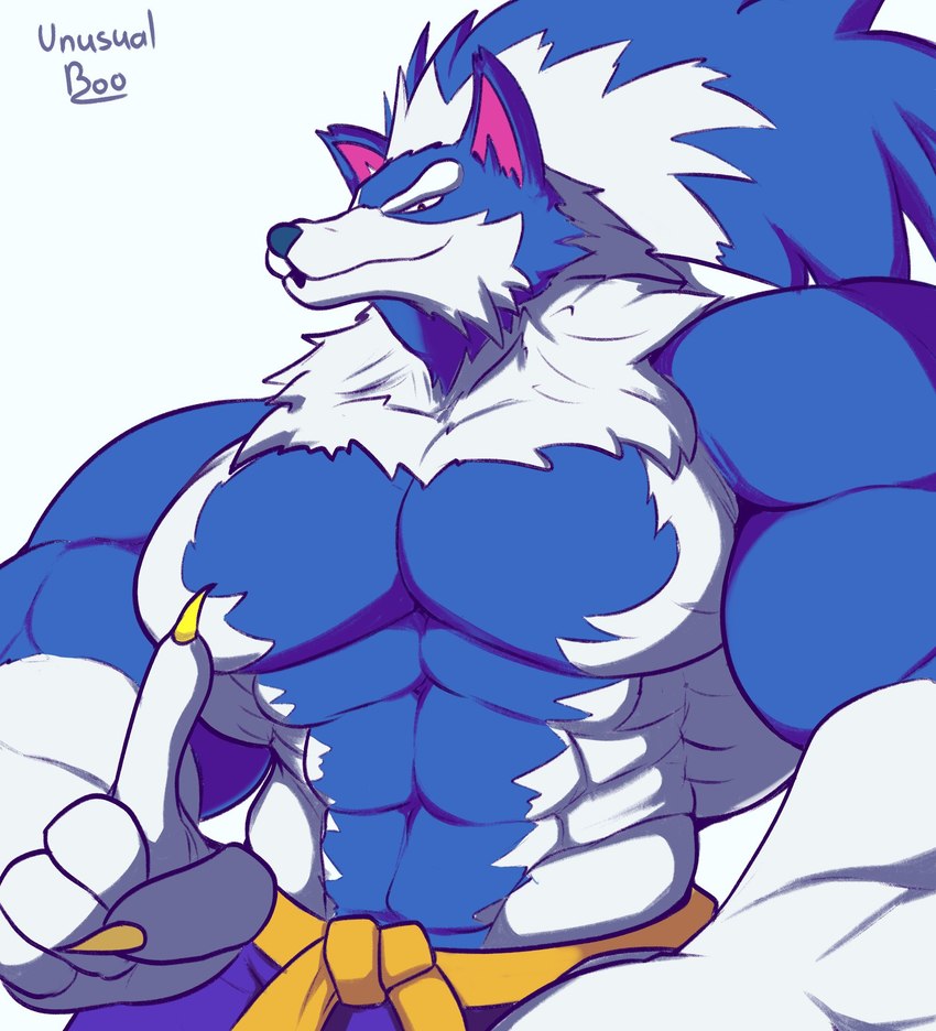 abs belt big_pecs blue_body blue_fur clothed clothing fur gloves_(marking) head_tuft male markings pecs purple_clothing raised_finger sash simple_background solo text topless tuft white_background white_body white_fur yellow_clothing unusualboo54 capcom darkstalkers mythology jon_talbain canid canine canis mammal mythological_canine mythological_creature werecanid werecanine werecreature werewolf wolf 2021 digital_drawing_(artwork) digital_media_(artwork) english_text hi_res shaded signature