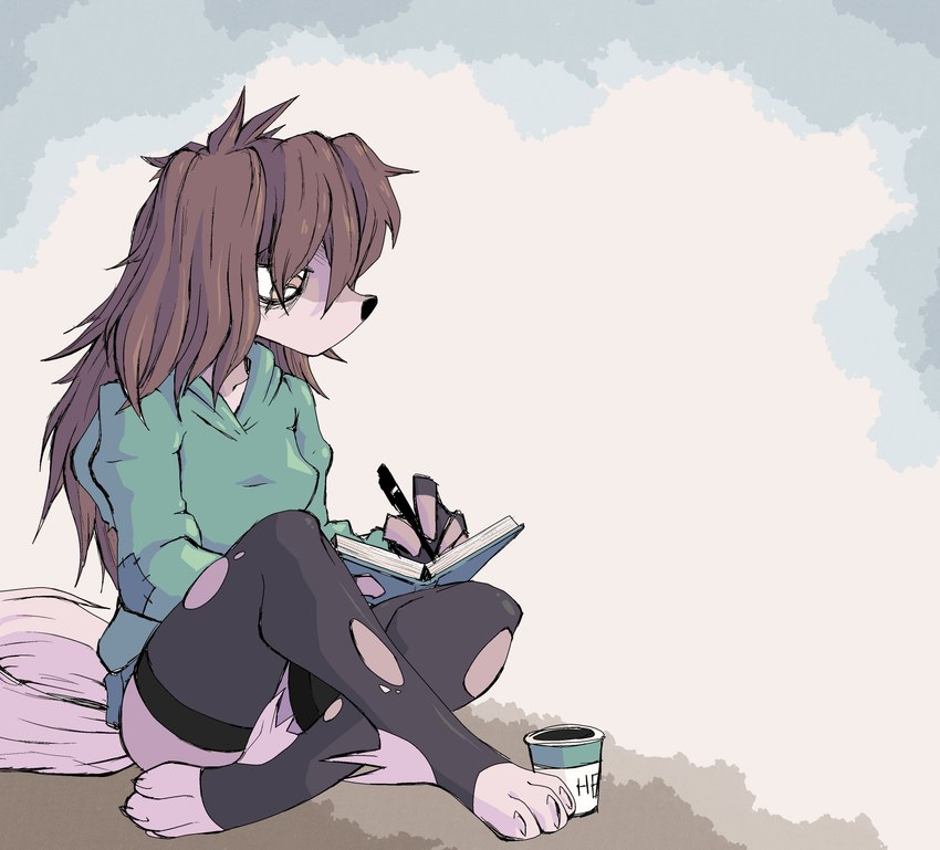 abstract_background book clothing container crossed_legs crosslegged_pose cup drawing female homeless hoodie left-handed pen sad sitting solo topwear torn_clothing writing_text writing_utensil ponporio homeless_dog canid canine canis domestic_dog mammal absurd_res comic hi_res