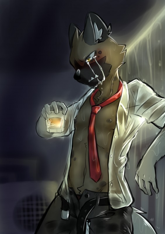 alcohol anthro beverage bodily_fluids clothed clothing crying male open_clothing open_shirt open_topwear shirt solo tears topwear wet wet_clothing wet_shirt wet_topwear bananana8729 aggretsuko netflix sanrio haida_(aggretsuko) hyena mammal spotted_hyena 2019 absurd_res hi_res