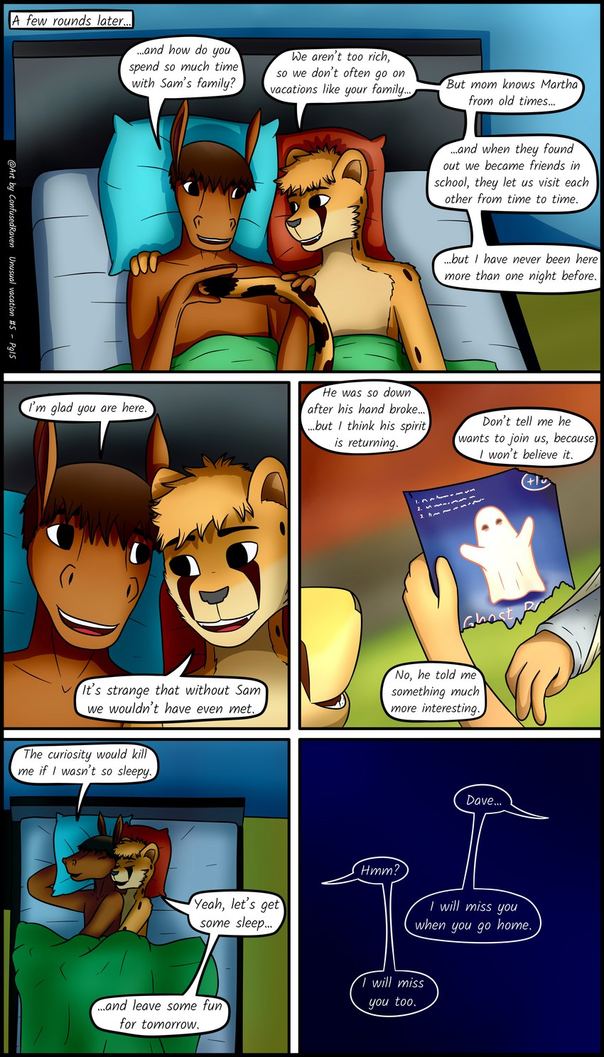 adolescent anthro bedroom cuddling dialogue duo male male/male night spooning tail text young confusedraven dave_(confusedraven) jay_(confusedraven) cheetah equid equine felid feline horse mammal 4:7 absurd_res comic english_text hi_res