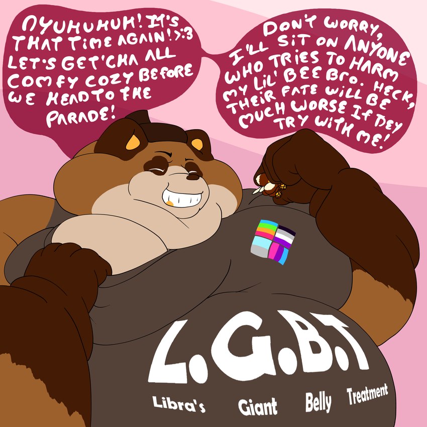 androgyne_pride_colors antennae_(anatomy) anthro asexual_pride_colors autosexual_pride_colors belly big_belly brown_body brown_fur dialogue duo eyes_closed fur gold_(metal) gold_tooth grin holding_micro huge_belly hyper larger_male lgbt_pride macro male male/male man_handling micro moobs obese obese_anthro obese_male overweight overweight_anthro overweight_male panromantic_pride_colors pride_colors simple_background size_difference smaller_male smile sumo wings yellow_body fujiyama_samoyed bumble_beans_(fujiyamasamoyed) libra_(fujiyamasamoyed) arthropod bee bumble_bee_(species) canid canine hybrid hymenopteran insect mammal raccoon_dog tanuki hi_res