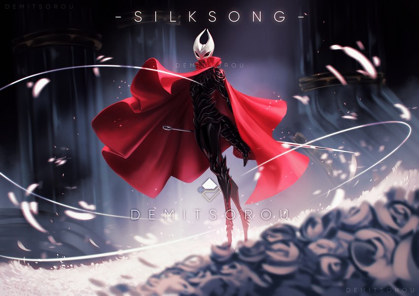 anthro arthropod_abdomen black_eyes bottomless cape cape_only clothed clothing female flower looking_at_viewer mostly_nude nail_(weapon) petals plant silk solo standing string demitsorou hollow_knight hollow_knight:_silksong team_cherry hornet_(hollow_knight) ambiguous_species arthropod insect watermark