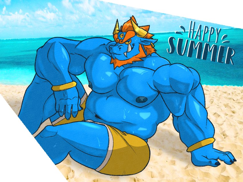 3_eyes anthro beach belly blue_body bottomwear clothed clothing hair horn male multi_eye musclegut muscular muscular_anthro muscular_male navel nipples pecs red_hair shorts solo topless topless_anthro tusks cronolm kings_of_hell yama_(kings_of_hell) demon absurd_res hi_res