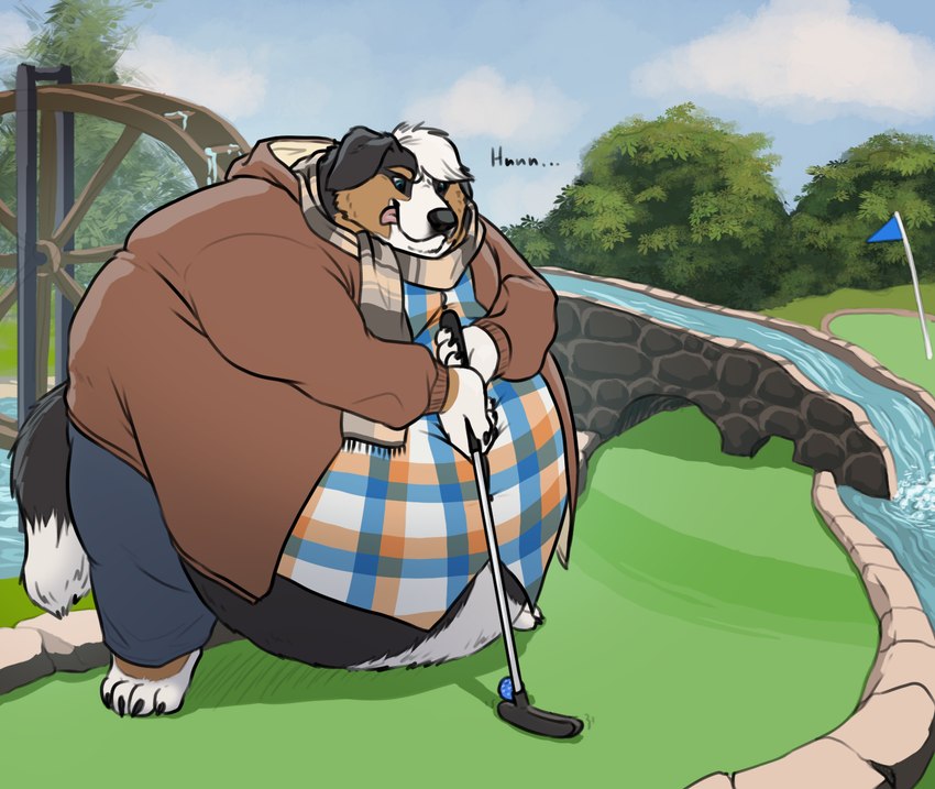 anthro belly belly_overhang big_belly black_body black_fur brown_body brown_fur claws clothed clothing detailed_background flag flag_(object) fur golf golf_ball golf_club golf_course holding_golf_club holding_object male moobs morbidly_obese morbidly_obese_anthro morbidly_obese_male obese obese_anthro obese_male outside overweight overweight_anthro overweight_male plant scarf solo sport standing text toe_claws tongue tongue_out tree water water_wheel white_body white_fur sugarboy sam_(thesammon) bernese_mountain_dog canid canine canis domestic_dog mammal molosser mountain_dog swiss_mountain_dog english_text hi_res