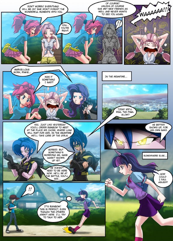 alternate_species bodily_fluids clothed clothing crown crying dialogue female hair headgear humanized multicolored_hair purple_hair rainbow_hair tears text tiara two_tone_hair mauroz friendship_is_magic hasbro my_little_pony fluttershy_(mlp) pinkie_pie_(mlp) rainbow_dash_(mlp) rarity_(mlp) shadowbolts_(mlp) twilight_sparkle_(mlp) human mammal comic english_text hi_res