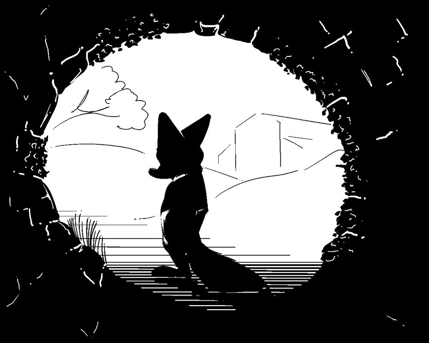 anthro bridge detailed_background grass hand_in_pocket ivy_(plant) male plant pockets rear_view silhouette solo tree conditional_dnp tangerine_(artist) disney zootopia nick_wilde canid canine fox mammal red_fox true_fox 2023 5:4 black_and_white digital_media_(artwork) monochrome restricted_palette