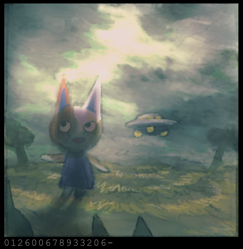 ambiguous_gender anthro clothed clothing cloud detailed_background dress eyelashes grass number plant realistic_lighting realistic_shading sky solo toony tree ufo plastiboo animal_crossing nintendo purrl_(animal_crossing) domestic_cat felid feline felis mammal hi_res