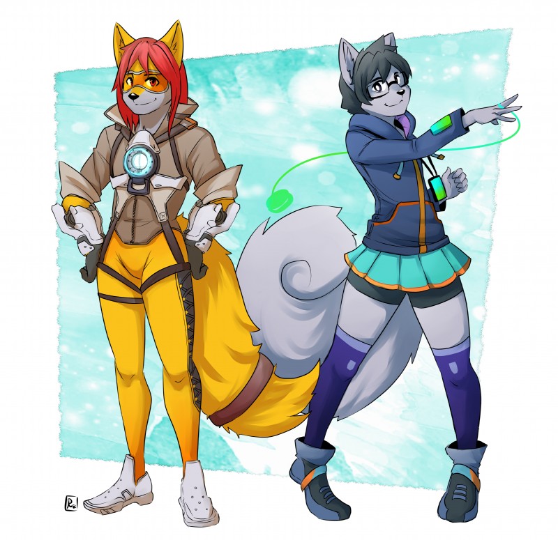 anthro clothed clothing cosplay duo looking_at_viewer male rook_kawa blizzard_entertainment league_of_legends overwatch riot_games tencent dodger_akame_(character) harry_sol tracer_(overwatch) zoe_(lol) absurd_res digital_media_(artwork) hi_res