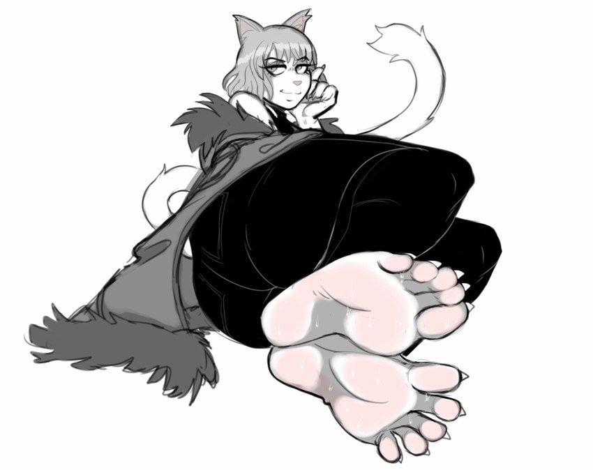 5_toes ambiguous_gender anthro barefoot bodily_fluids bottomwear claws clothed clothing feet foot_focus humanoid_feet lying on_side pants plantigrade simple_background soles solo sweat sweaty_feet toe_claws toes white_background white_body dondon felid feline mammal male_(lore)