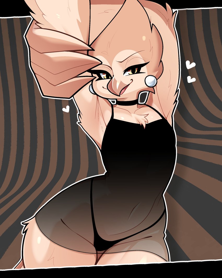 amber_eyes anthro arms_above_head beak black_clothing black_dress black_thong black_underwear choker clothed clothed_anthro clothed_female clothing dress ear_piercing eyebrows eyelashes feathers female fingers flat_chested heart_symbol jewelry looking_at_viewer necklace open_beak open_mouth piercing solo tan_body tan_feathers thick_thighs thong underwear wide_hips budoti morale avian barn_owl bird owl tyto tytonid 2025 4:5 absurd_res hi_res