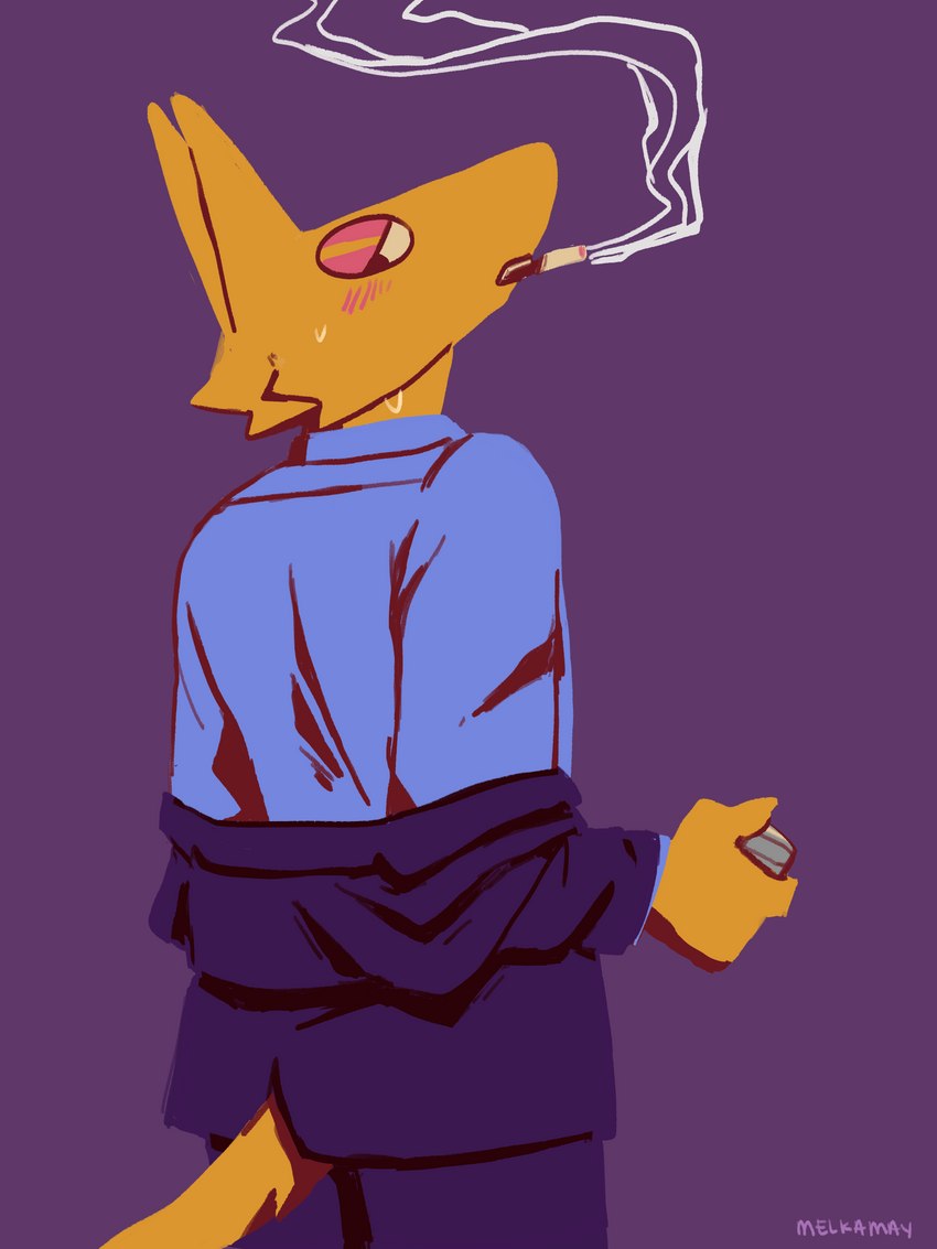 blush blush_lines bodily_fluids cigarette cigarette_in_mouth clothed clothing formal_clothing formal_suit formal_wear lighter male object_in_mouth open_clothing smoking smoking_tobacco solo sweat sweatdrop undressing melkamay pinstripe aardvark mammal 3:4 absurd_res hi_res