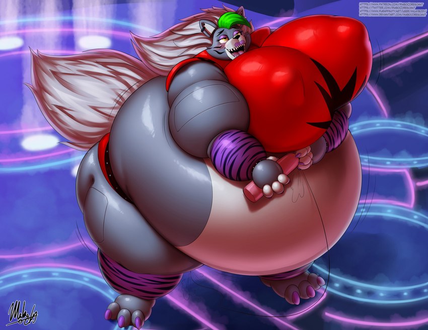 ahegao air_inflation air_tank belly belly_expansion belly_inflation big_belly big_breasts black_hose blush body_inflation breast_expansion breasts butt butt_expansion clothing colored_nails detailed_background expansion eye_roll eyeshadow female green_hair grey_body hair hose hose_in_butt hose_inflation huge_belly huge_breasts hyper hyper_belly hyper_breasts inflation inflation_fetish lips looking_pleasured machine makeup nails nipple_outline open_mouth paw_expansion purple_eyeshadow purple_lips purple_nails red_clothing red_topwear sharp_teeth solo tail teeth thick_thighs thigh_expansion tight_clothing topwear white_hair white_tail milkybody five_nights_at_freddy's five_nights_at_freddy's:_security_breach scottgames steel_wool_studios roxanne_wolf animatronic canid canine canis mammal robot wolf 2023 detailed digital_media_(artwork) hi_res shaded