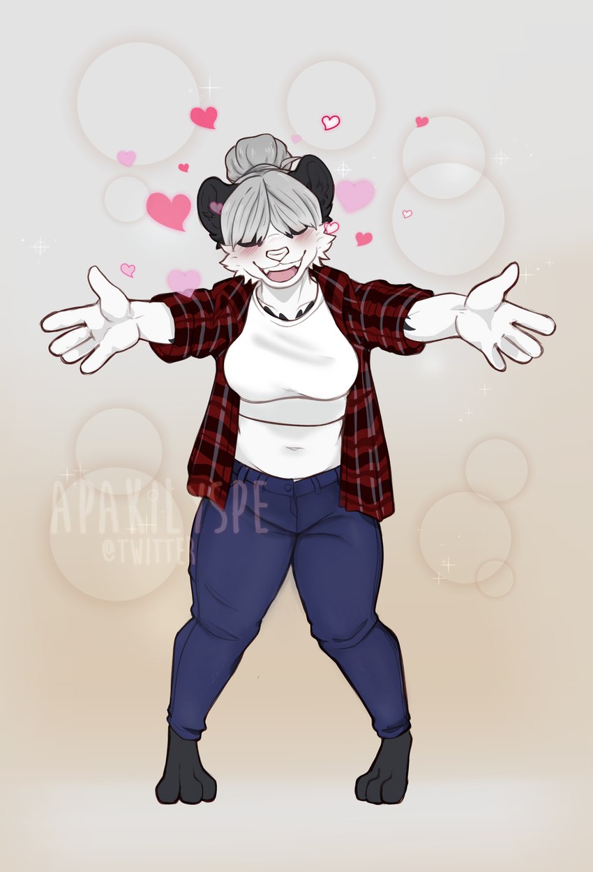 anthro blush bottomwear clothing crop_top denim denim_bottomwear denim_clothing female flannel heart_symbol hearts_around_body hug_invitation hug_request jeans pants shirt solo topwear apakilyspe aimi_(sleepysushiroll) bear giant_panda mammal absurd_res hi_res