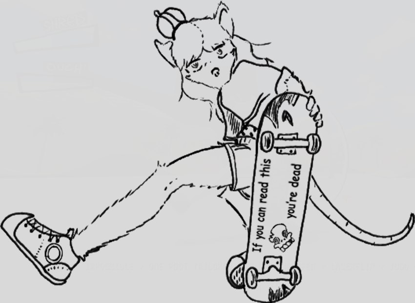 anthro blood_spatter bone crown female headgear looking_at_viewer skateboard skull solo vehicle doublespace evil_rat_queen mammal murid murine rat rodent monochrome traced