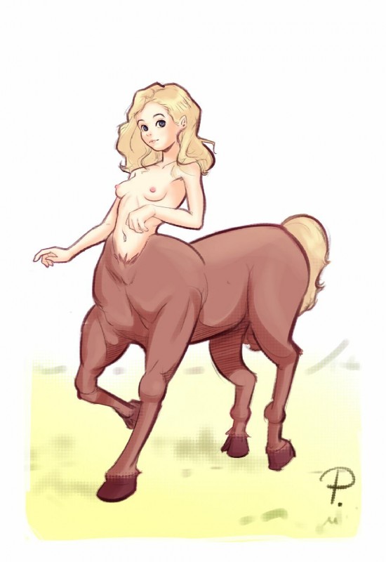 blonde_hair breasts female hair hooves navel nipples nude solo standing profitart european_mythology greek_mythology mythology centaur equid equid_taur humanoid_taur mammal mammal_taur taur hi_res