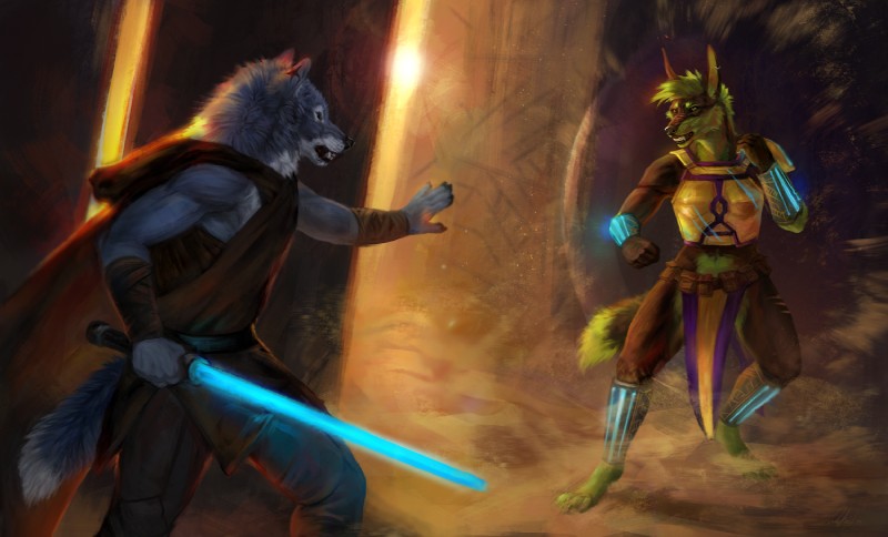 anthro armor barefoot blue_lightsaber clothed clothing digitigrade duo feet fight fighting_pose fur green_body green_fur green_hair hair holding_object holding_weapon jedi lightsaber male mandalorian mandalorian_armor melee_weapon pose standing weapon wolnir star_wars canid canine canis mammal wolf 2019 digital_media_(artwork)