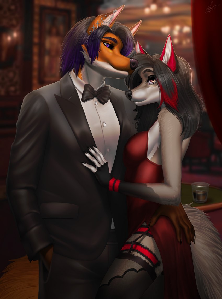 anthro anthro_on_anthro black_hair black_nose bow_tie breasts clothed clothing dress duo ear_piercing ear_ring eyebrows eyelashes female fur grey_body grey_fur hair hand_in_pocket hand_on_butt hand_on_chest legwear male male/female orange_body orange_fur piercing pockets purple_eyes purple_sclera ring_piercing suit amur baxter_mikasa keira_niobe canid canine fox mammal 2021 absurd_res digital_media_(artwork) hi_res story story_in_description