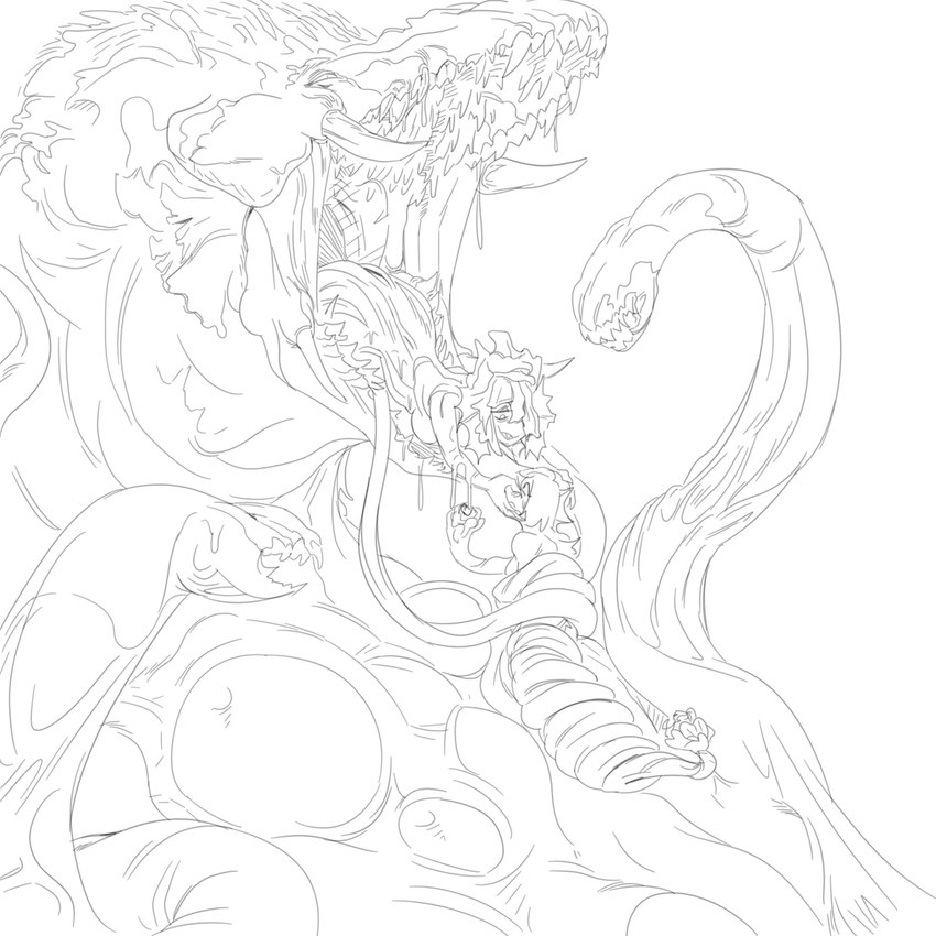 coiling duo female feral imminent_vore open_mouth tentacles tusks grindavikbydaylight godzilla_(series) toho biollante humanoid kaiju scalie 1:1 2020 hi_res monochrome