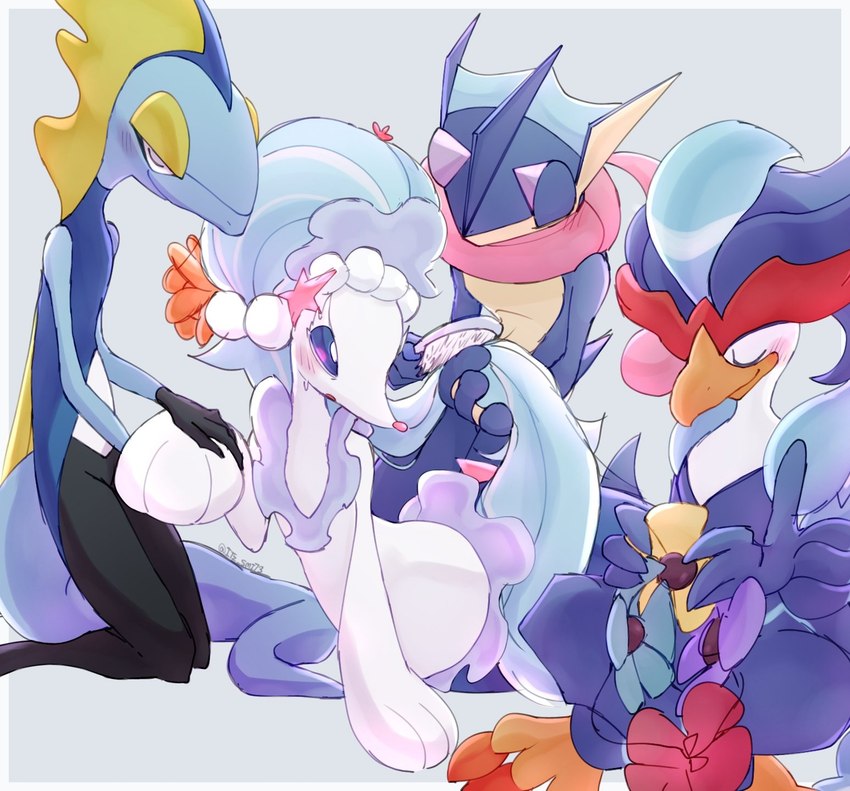 ambiguous_gender anthro blue_body blush eyes_closed feathers group simple_background smile white_body itz_smi73 nintendo pokemon generation_6_pokemon generation_7_pokemon generation_8_pokemon generation_9_pokemon greninja inteleon pokemon_(species) primarina quaquaval scalie hi_res