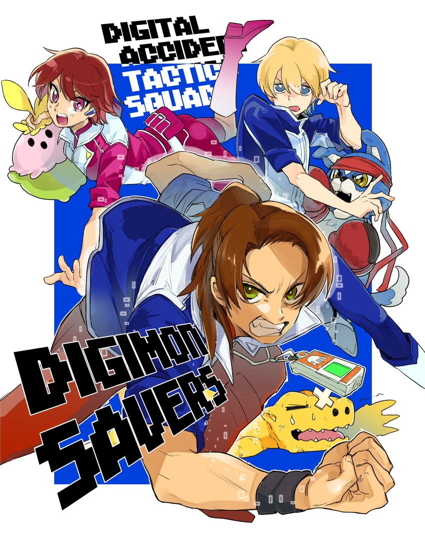 accessory anthro blonde_hair blue_eyes boxing_gloves brown_hair clothing female group hair handwear headband male text ulcer_gag bandai_namco digimon digimon_data_squad marcus_daimon thomas_norstein yoshino_fujieda agumon digimon_(species) gaomon human lalamon mammal absurd_res english_text hi_res