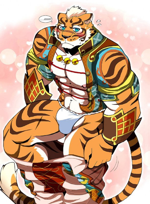 abs anthro biceps blue_eyes clothing countershading fur male muscular muscular_anthro muscular_male pecs simple_background solo bearlovestiger13 nekojishi studio_klondike lin_hu felid mammal pantherine tiger 2018 hi_res