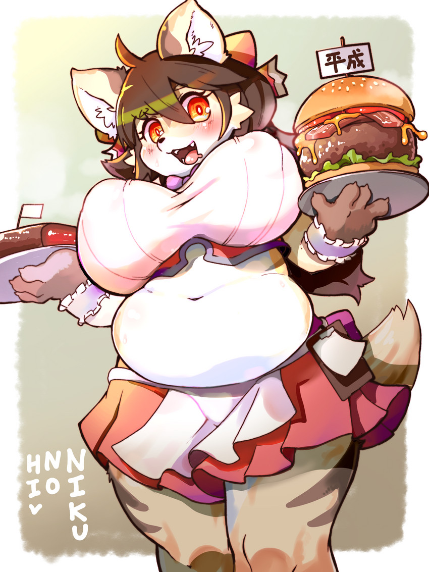 5_fingers accessory ahoge anthro apron armband belly big_breasts biped blissful_mouth blush bottomwear breasts brown_body brown_fur brown_hair burger clipboard clothed clothing cute_fangs dipstick_tail dripping_contour fangs female female_anthro fingers flag_toothpick food fully_clothed fur gloves_(marking) hair hair_accessory holding_food holding_object inner_ear_fluff kemono markings meat multicolored_body multicolored_fur multicolored_tail navel nipple_outline open_mouth overweight overweight_anthro overweight_female paper plate red_clothing red_eyes serving serving_food skirt solo tail tail_markings tan_body tan_fur teeth text tight_clothing tongue tuft waiter white_body white_clothing white_fur chaora canid canine mammal 2019 3:4 digital_media_(artwork) hi_res japanese_text portrait three-quarter_portrait translated