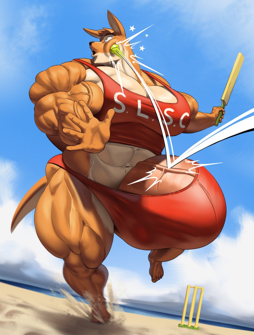 5_fingers 5_toes abs anthro balls bat_(object) beach big_balls big_muscles big_pecs big_penis black_nose blue_sky bounce clothing cricket_(sport) cricket_bat eyebrows feet fingers fist genitals hit_in_face huge_balls huge_muscles huge_pecs huge_penis hyper hyper_balls hyper_genitalia hyper_muscles hyper_penis male motion_lines muscular muscular_anthro muscular_male navel open_mouth outside pecs penis red_clothing red_shirt red_tank_top red_topwear running sand seaside shirt sky solo star tank_top text toes topwear vein veiny_muscles veiny_penis water white_clouds wide_eyed guzreuef buckley_(foxen) kangaroo macropod mammal marsupial absurd_res english_text hi_res