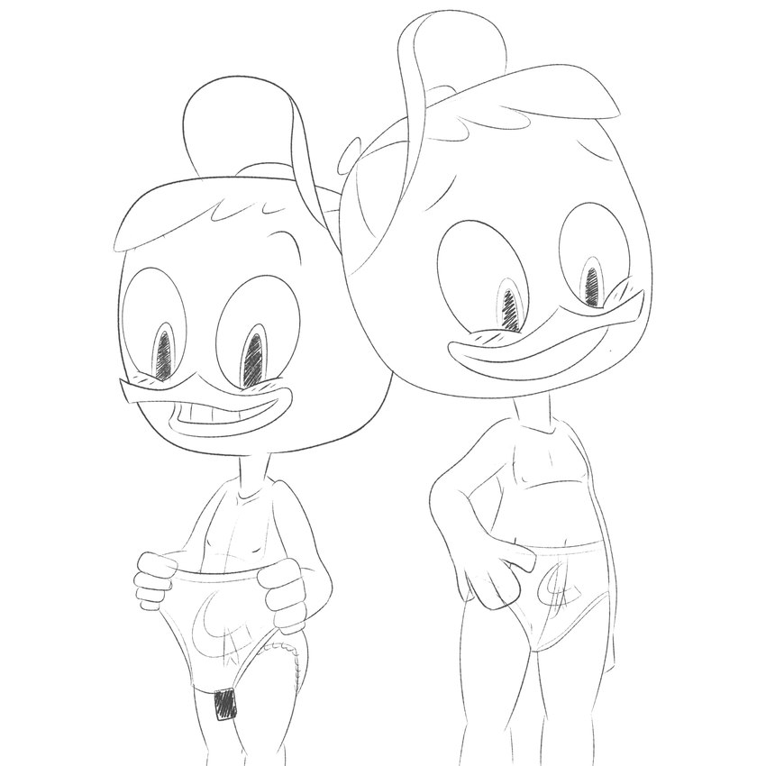 anthro beak blush blush_lines clothing hat headgear headwear male mostly_nude nipples shota solo underwear young young_anthro young_male amorousartist disney ducktales ducktales_(2017) gizmoduck huey_duck anatid anseriform avian bird duck 1:1 absurd_res hi_res monochrome