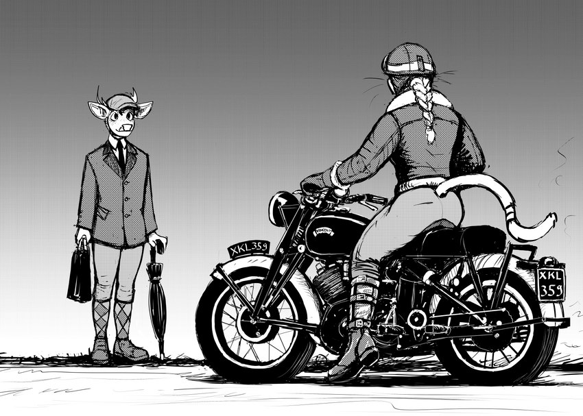 anthro argyle_(pattern) armor braided_hair braided_ponytail clothing duo female hair hat headgear headwear helmet male motorcycle ponytail umbrella vehicle hladilnik cat_knight deer_prince deer domestic_cat felid feline felis mammal 2021 greyscale hi_res monochrome