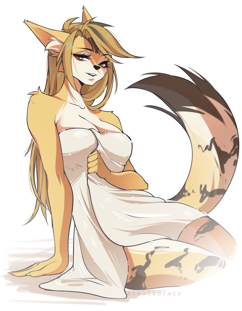 anthro big_breasts blonde_hair breasts clothing female fur green_eyes hair long_hair open_mouth simple_background sitting smile solo tail topwear white_background white_body white_fur yellow_body yellow_fur stelladraco mihoyo mythology zenless_zone_zero pulchra_fellini felid feline mammal absurd_res digital_media_(artwork) hi_res