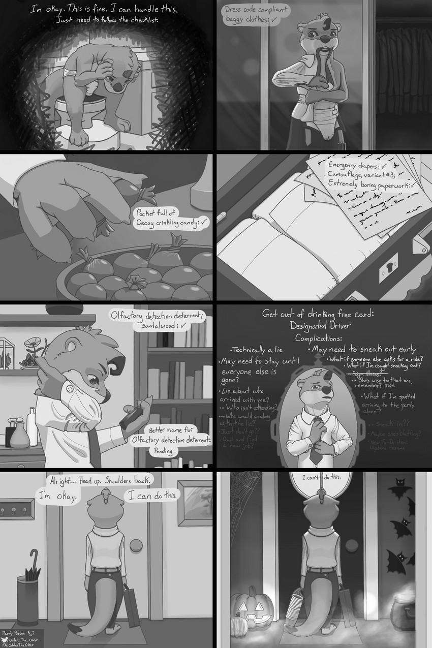 anthro bathroom candy clean_diaper clothed clothing cologne dessert diaper embarrassed folded_diaper food holidays male solo wearing_diaper oddertheotter halloween 2:3 absurd_res comic hi_res monochrome