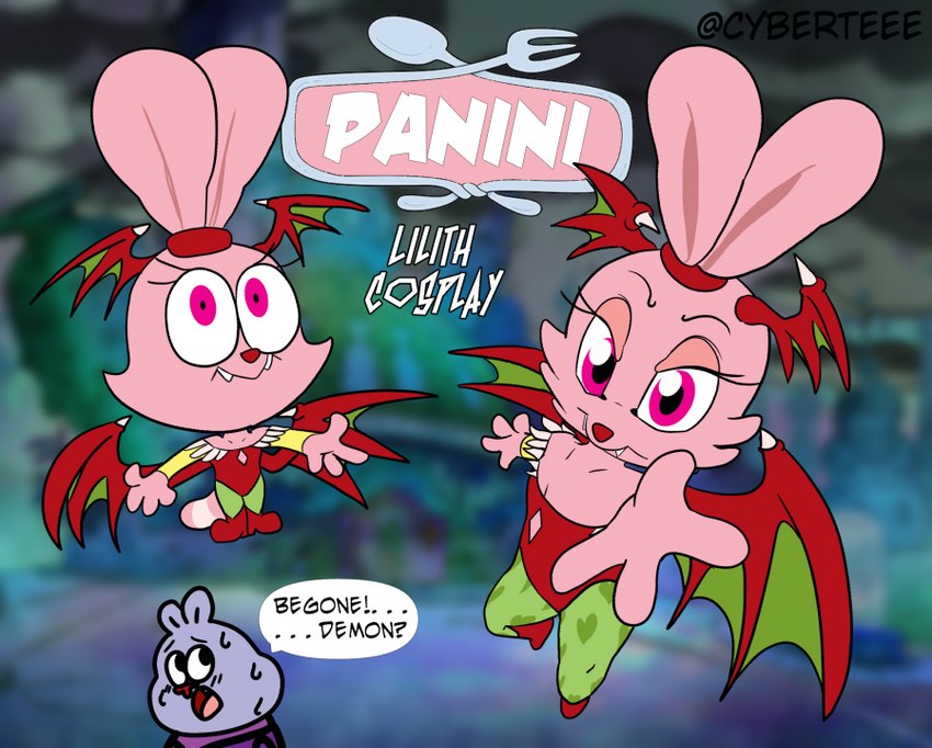 anthro breasts cleavage clothed clothing cosplay duo female heart_symbol leotard male speech_bubble text young cybert capcom cartoon_network chowder_(series) darkstalkers chowder lilith_aensland panini_(chowder) lagomorph leporid mammal rabbit