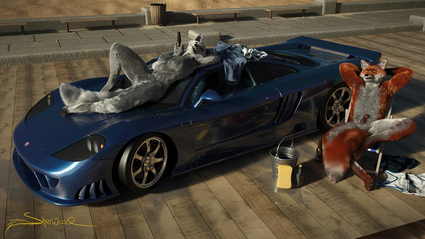 alcohol anthro beer bent_leg bent_legs beverage bucket car container duo female genitals half-erect lying male on_back penis reclining seat sitting spread_legs spreading vehicle sherwood saleen saleen_s7 arctic_fox canid canine fox mammal true_fox 16:9 3d_(artwork) digital_media_(artwork) signature widescreen