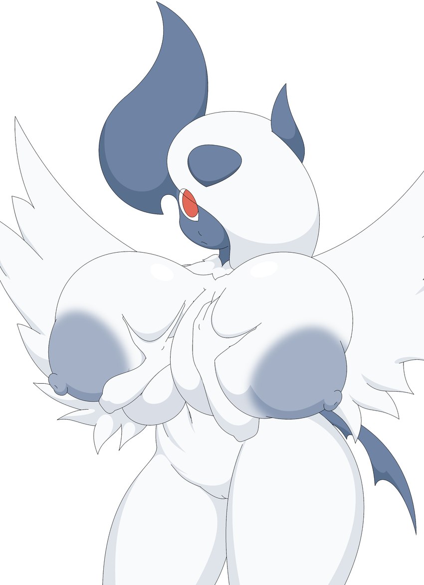 anthro areola big_breasts breasts female fur genitals grey_areola grey_nipples holding_breast horn huge_breasts nipples pussy red_eyes solo white_body white_fur wings shmeepo nintendo pokemon generation_6_pokemon mega_absol mega_evolution pokemon_(species) absurd_res hi_res