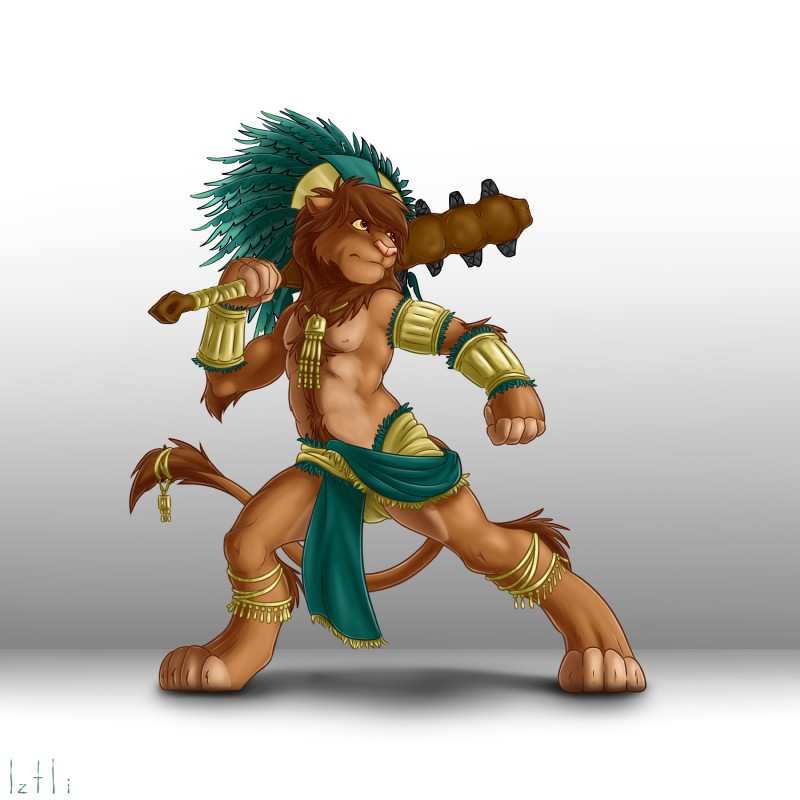 4_toes 5_fingers accessory anklet anthro armlet aztec barefoot biped bottomwear bracelet brown_body brown_eyes brown_fur brown_hair clothed clothing digitigrade feathers feet fingerless_(marking) fingers fur furgonomics grey_background hair headdress holding_macuahuitl holding_melee_weapon holding_object holding_weapon jewelry loincloth macuahuitl male melee_weapon simple_background solo standing sword tail tail_accessory tail_jewelry toeless_(marking) toes topless tribal warrior weapon yellow_sclera iztli leon_(montez) felid lion mammal pantherine 1:1 2014 absurd_res hi_res