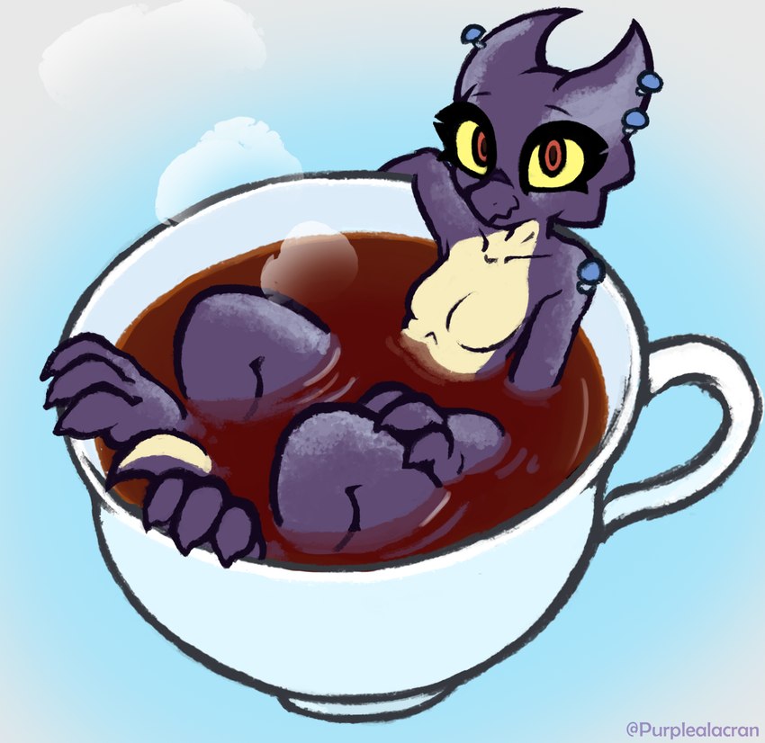 bathing beverage boldtober breasts claws featureless_breasts female fungus horn looking_at_viewer mushroom purple_body red_eyes simple_background solo tea yellow_sclera purplealacran blackberry_(purplealacran) kobold lizard reptile scalie hi_res signature