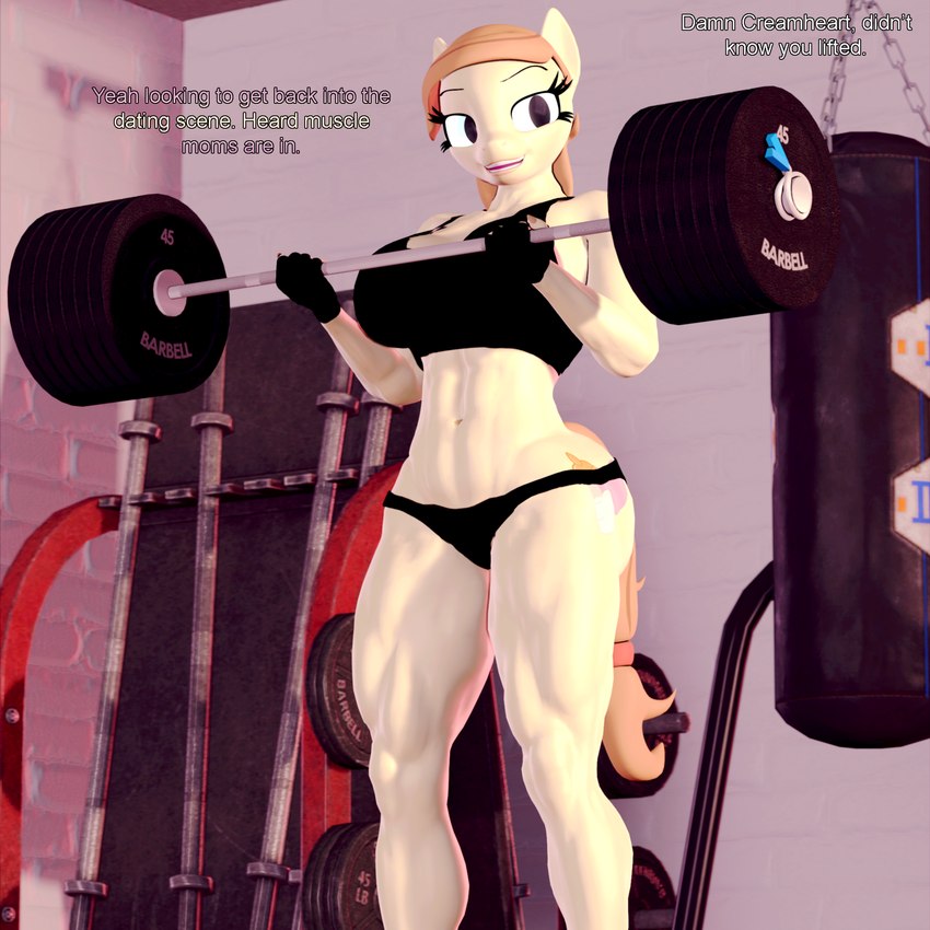 abs anthro anthrofied barbell big_breasts bottomwear breasts brown_hair brown_tail clothed clothing crop_top curvy_figure cutie_mark detailed_background dialogue exercise eyelashes female fingerless_gloves fluffy fluffy_tail fur gloves hair handwear hotpants inside long_tail mature_anthro mature_female muscular muscular_anthro muscular_female muscular_thighs open_mouth open_smile quads shirt shorts skimpy smile solo tail tan_body tan_fur text thick_thighs topwear voluptuous weightlifting wide_hips workout themanwithaquest hasbro my_little_pony cream_heart_(mlp) earth_pony equid equine horse mammal pony 1:1 2024 3d_(artwork) digital_media_(artwork) english_text hi_res source_filmmaker_(artwork)