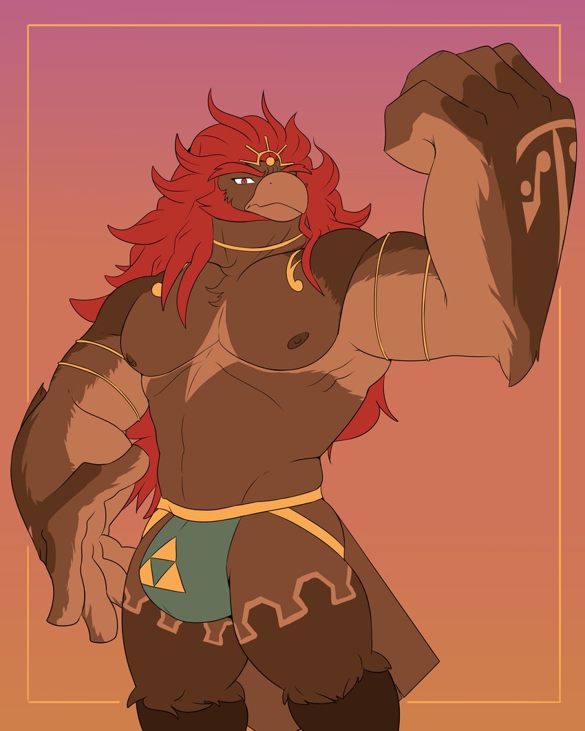 alternate_species anthro beak brown_body bulge clothing feathers hair jockstrap long_hair looking_at_viewer male muscular muscular_anthro muscular_male nipples pecs red_hair simple_background solo standing tail tail_feathers triforce_clothing triforce_symbol underwear wings unrealrui breath_of_the_wild nintendo the_legend_of_zelda ganondorf avian bird rito 4:5 absurd_res digital_media_(artwork) hi_res