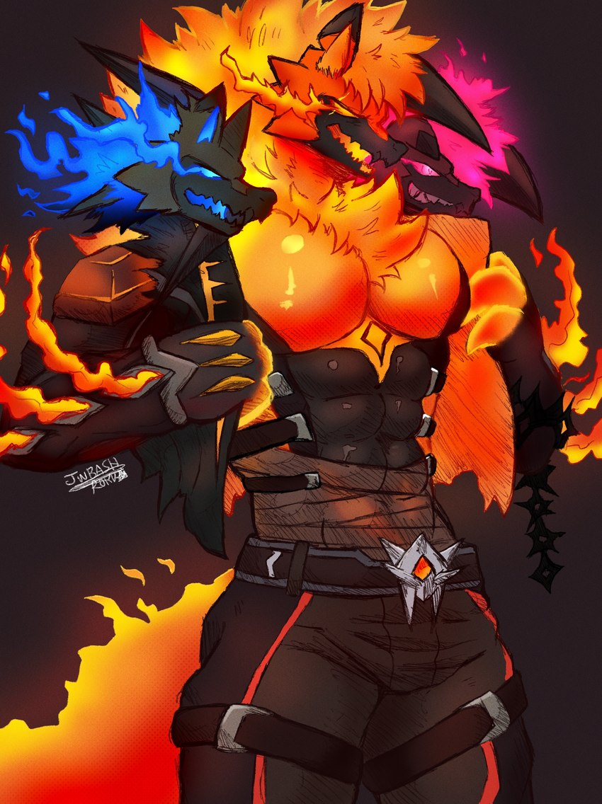 3_heads anthro armor bandage belt belt_buckle big_muscles black_body blue_fire bottomwear bottomwear_down buckle chain claws clothed clothing colored_fire fiery_hair finger_claws fire fur glistening glistening_body glistening_pecs glowing glowing_body glowing_eyes glowing_mouth male multi_head muscular muscular_anthro muscular_male pecs smile smirk solo undressing undressing_self jwbash epic_games european_mythology fortnite greek_mythology mythology nintendo pokemon cerberus_(fortnite) kyoto_rex canid canid_demon canine canis demon dusk_lycanroc generation_7_pokemon hellhound lycanroc mammal midday_lycanroc midnight_lycanroc mythological_canine mythological_creature pokemon_(species) absurd_res artist_name hi_res