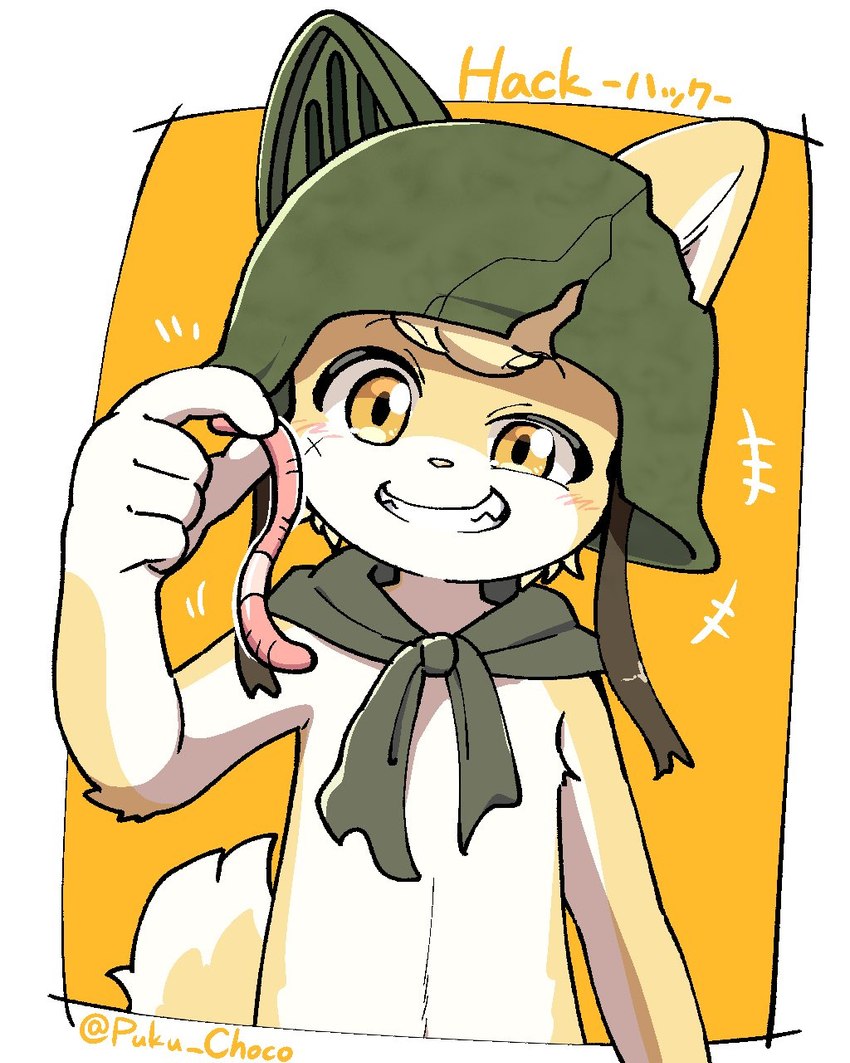 anthro armor blush brown_body brown_fur fur grin headgear helmet looking_at_viewer male shirtless smile solo young puku_choco cyberconnect2 fuga:_melodies_of_steel little_tail_bronx hack_montblanc canid canine canis domestic_dog mammal worm 4:5 hi_res