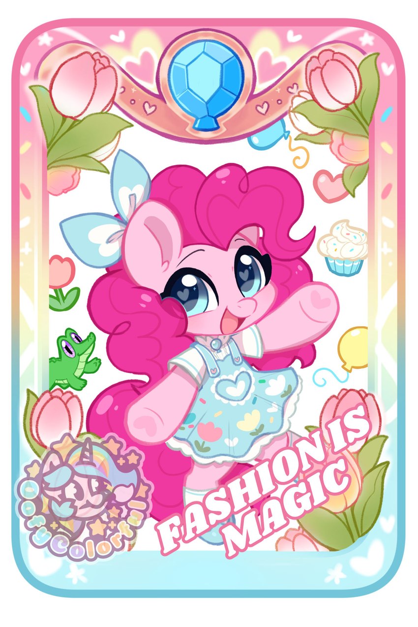 blue_eyes chibi clothing cupcake dress eyelashes female flower food footwear fur heart_symbol mane open_mouth open_smile pink_body pink_fur plant shoes short_sleeves smile smiling_at_viewer socks solo text tulip_(flower) oofycolorful friendship_is_magic hasbro my_little_pony gummy_(mlp) pinkie_pie_(mlp) crocodile crocodilian earth_pony equid equine horse mammal pony reptile scalie 2023 english_text hi_res