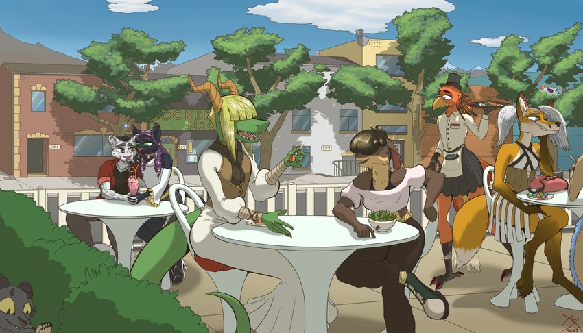 anthro beverage bottomwear choker clothed clothing crossdressing digitigrade dipstick_tail drinking_straw eating female femboy group hair hair_over_eyes hat headgear headwear jewelry male markings milkshake necklace outside plant restaurant scarf silly_straw skirt street tail tail_markings top_hat tree destrustor european_mythology greek_mythology mythology cyrcas_nearles shiro_caecilius tolenn_raspex avian canid canine domestic_cat dragon felid feline felis fox kobold lagomorph leporid mammal mythological_avian mythological_bird mythological_creature mythological_firebird mythological_scalie pantherine phoenix rabbit scalie snow_leopard 7:4 absurd_res hi_res