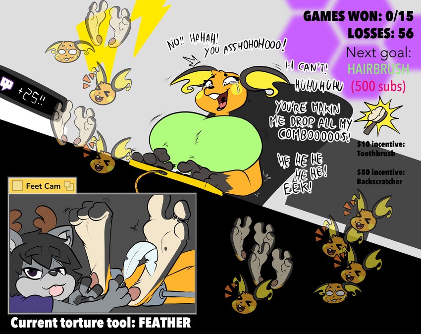 3_toes ankle_restraint anthro antlers big_breasts black_ears black_eyebrows black_eyes black_hair black_nose bodily_fluids breasts brush chair clothing countershade_feet countershading curling_toes dialogue dominant dominant_anthro dominant_male duo eyebrows feet female foot_fetish foot_focus fur furniture green_clothing green_topwear grey_background grey_body grey_ears grey_fur grey_inner_ear hair horn keyboard laugh lightning_bolt livestream looking_at_viewer male number on_chair open_mouth orange_body pawpads pink_pawpads pink_tongue plantigrade pointy_ears prick_ears purple_clothing purple_topwear restrained restraints short_hair simple_background sitting sitting_on_chair soles spread_toes submissive submissive_anthro submissive_female tears text three_frame_image tickle_fetish tickle_torture tickling tickling_feet toes tongue tongue_out topwear typing white_soles yellow_inner_ear haiku_oezu nintendo pokemon twitch.tv deer generation_1_pokemon mammal new_world_deer pokemon_(species) raichu reindeer 2024 english_text hi_res