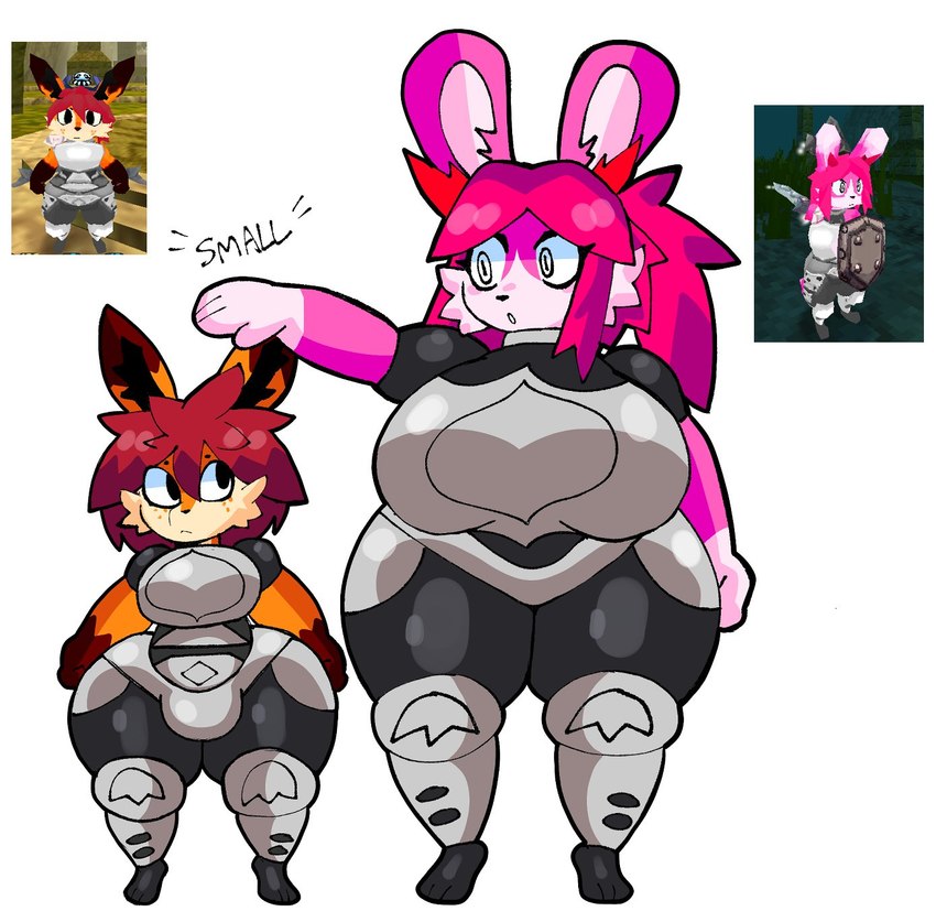 anthro armor big_breasts black_nose breastplate breasts cheek_tuft clothed clothing codpiece duo eyelashes facial_tuft female fur hair height_comparison huge_breasts male male/female melee_weapon multicolored_body multicolored_fur orange_body orange_fur pink_body pink_fur pink_hair red_hair screencap shield short_stack simple_background size_difference standing sword text thick_thighs tuft weapon wide_hips lewd_dorky atlyss canid canine fox lagomorph leporid mammal poon_(atlyss) rabbit 2024 colored digital_drawing_(artwork) digital_media_(artwork) digital_painting_(artwork) english_text full-length_portrait hi_res portrait shaded