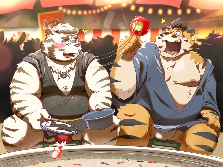 anthro asian_clothing belly big_belly blush clothing duo east_asian_clothing eyewear festival fundoshi glasses humanoid_hands japanese_clothing kemono male night overweight overweight_male red_clothing red_fundoshi red_underwear sitting surprise underwear white_body white_clothing white_fundoshi white_underwear hon55728 felid mammal pantherine tiger 2022