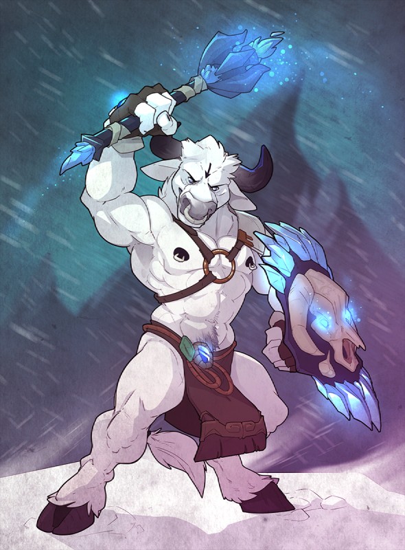 4_fingers abs angry anthro armor big_muscles black_hooves bottomwear clothed clothing cloven_hooves facial_piercing fingerless_gloves fingers front_view gloves glowing handwear harness holding_object holding_weapon hooves horn loincloth mace male melee_weapon mountain muscular muscular_anthro muscular_male nipple_piercing nipples nose_piercing nose_ring piercing pubes ring_piercing shield skimpy snow snowing solo strap_across_chest topless unconvincing_armor weapon white_body no_swift european_mythology greek_mythology mythology gorgoroth bovid bovine mammal minotaur full-length_portrait hi_res portrait