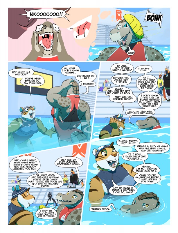 anthro clothed clothing dialogue female fur group hair inside sharp_teeth sport teeth text water_polo ritts chameli_muthupalaniappan janny_(ritts) crocodile crocodilian felid mammal pantherine reptile scalie tiger 2017 comic english_text hi_res