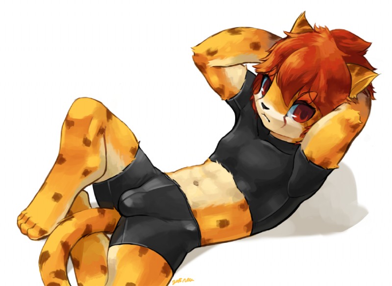 anthro biped bottomwear bulge clothed clothing looking_at_viewer lying male red_eyes shorts simple_background solo spandex spandex_shorts spread_legs spreading tight_bottomwear tight_clothing tight_shorts white_background arcticneu cheetah felid feline mammal