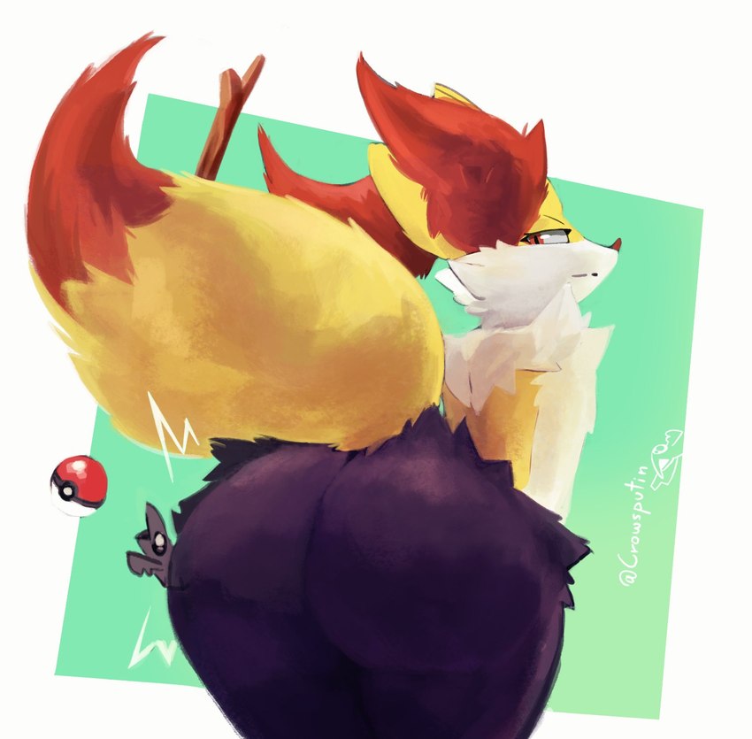 anthro big_butt black_body black_fur black_nose butt cheek_tuft dipstick_tail facial_tuft female fur half-closed_eyes inner_ear_fluff looking_back markings multicolored_body multicolored_fur narrowed_eyes pokeball rear_view red_body red_fur simple_background solo stick stick_in_tail tail tail_markings text thick_thighs tuft twitter_handle white_body white_fur wide_hips yellow_body yellow_fur crowdi nintendo pokemon braixen canid generation_6_pokemon mammal pokemon_(species) 2025 artist_name hi_res