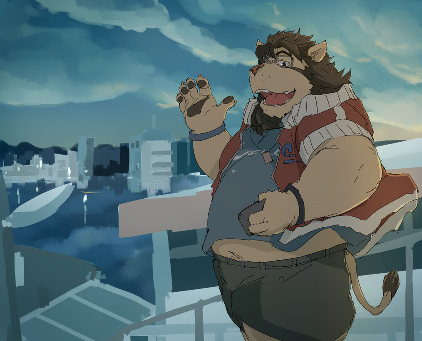 anthro belly bottomwear city clothing detailed_background eyewear glasses humanoid_hands kemono male navel overweight overweight_anthro overweight_male shirt shorts solo topwear train_(artist) felid lion mammal pantherine 2018